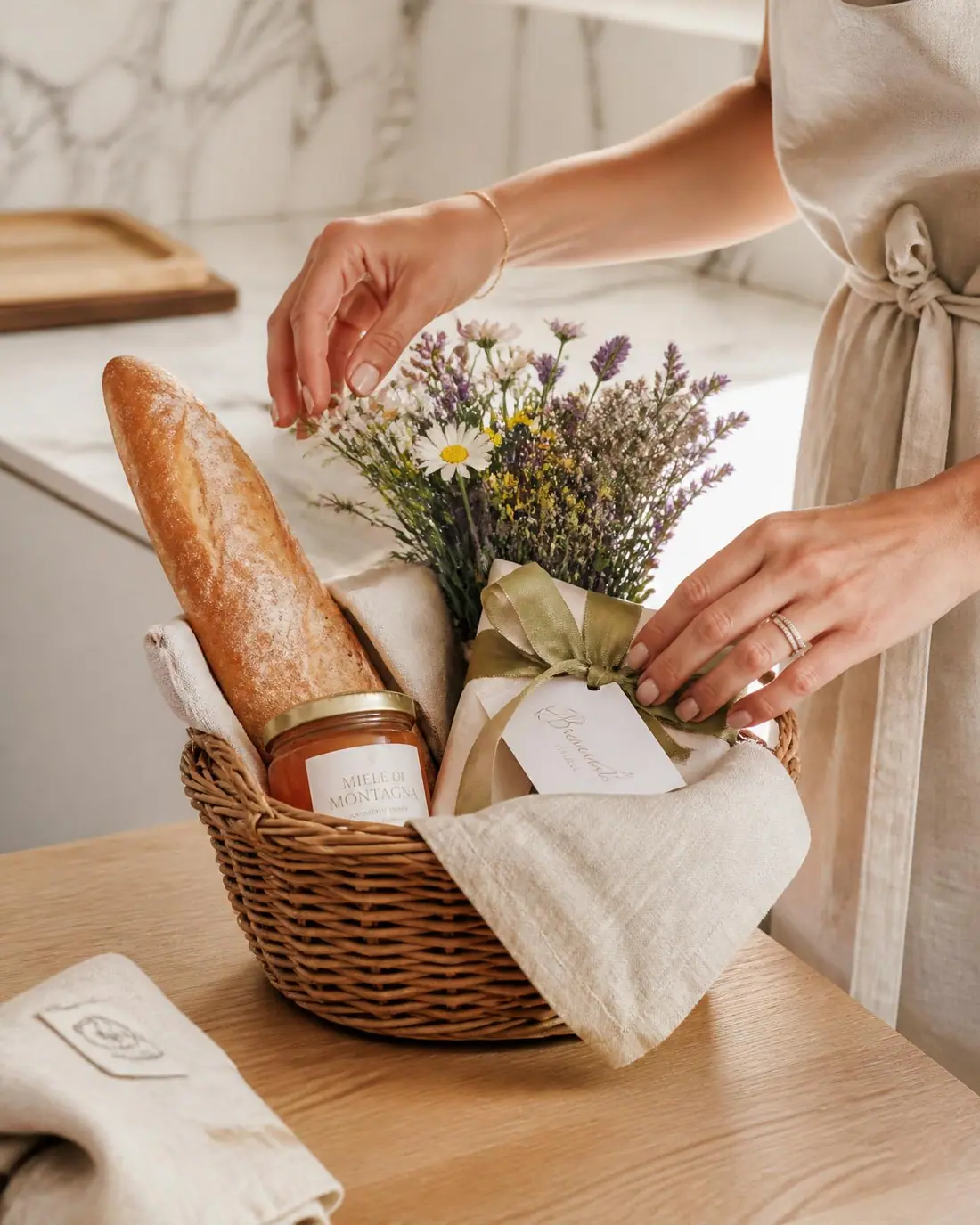 Leila prépare un panier de bienvenue pour les voyageurs